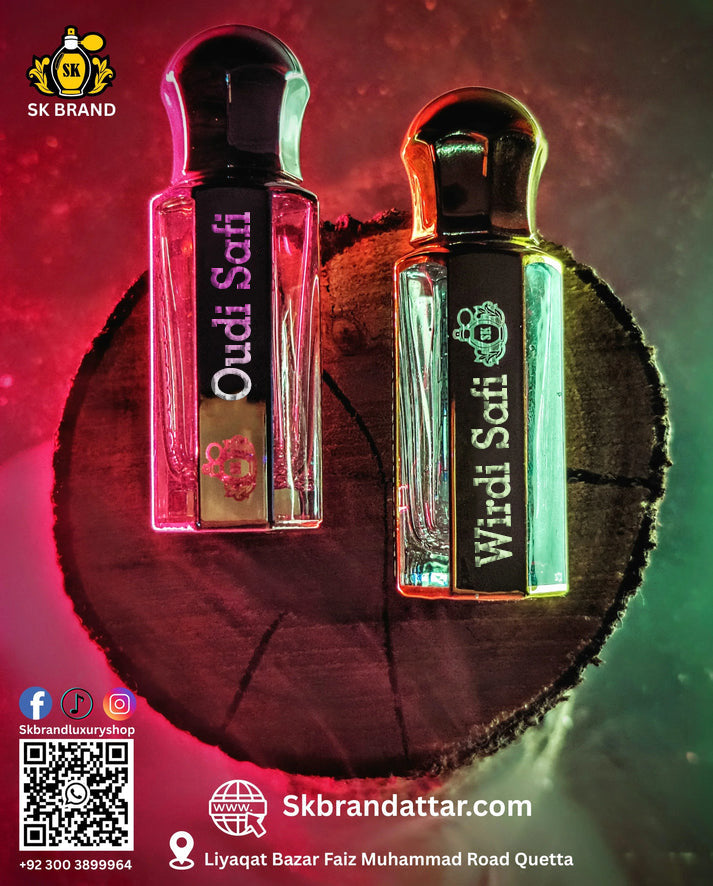 Oud Safi is a bold, royal oud scent, while Wirdi Safi blends soft rose and musk – both are luxury attars that define your unique presence.