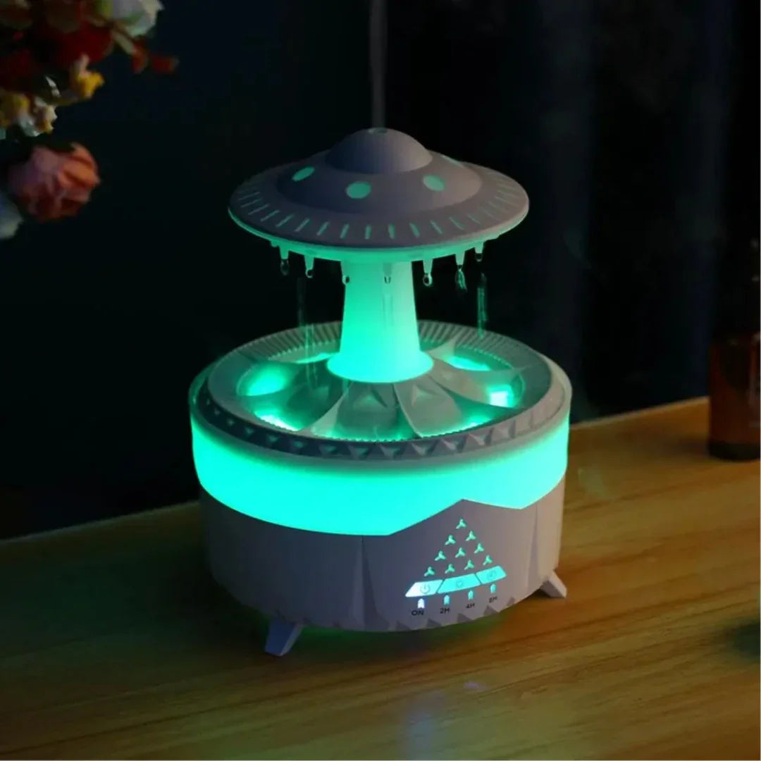 "UFO shaped LED humidifier with cool mist diffuser on wooden table